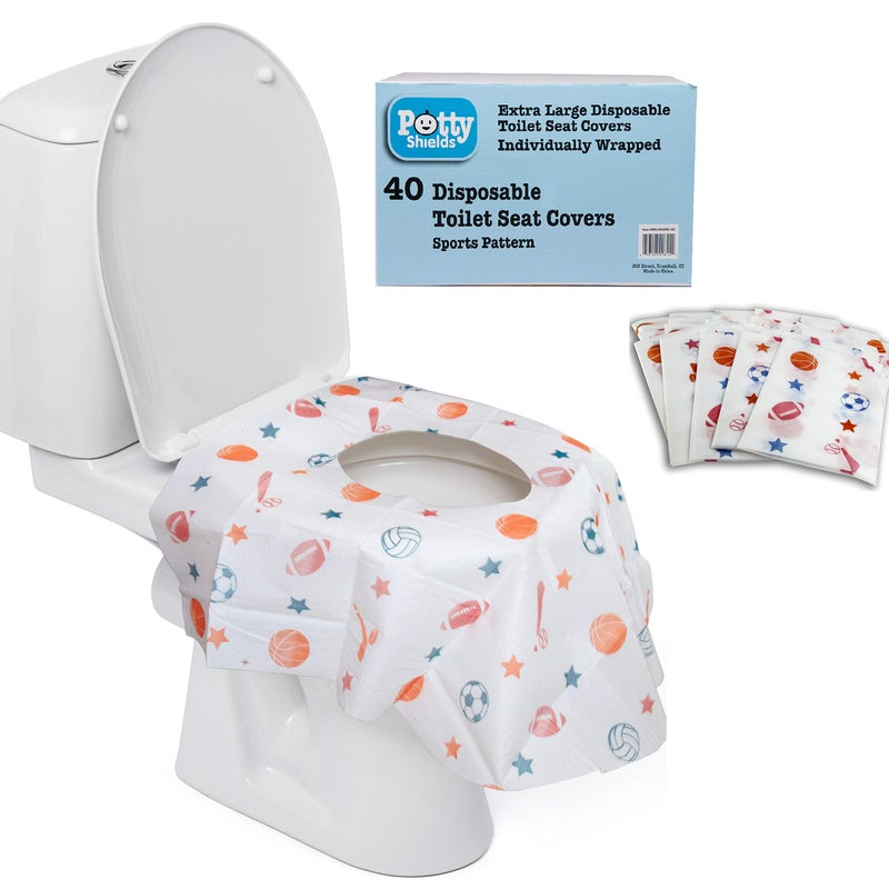 Potty Shields أغطية مقاعد المرحاض القابلة للتصرف للأطفال والبالغين، 40 عبوة - حماية من جراثيم المرحاض العامة أثناء تدريب الأطفال على استخدام المرحاض والمزيد - كبيرة جدًا، مقاومة للماء، محمولة، مغلفة بشكل فردي - أزرق/رياضي - Image 1