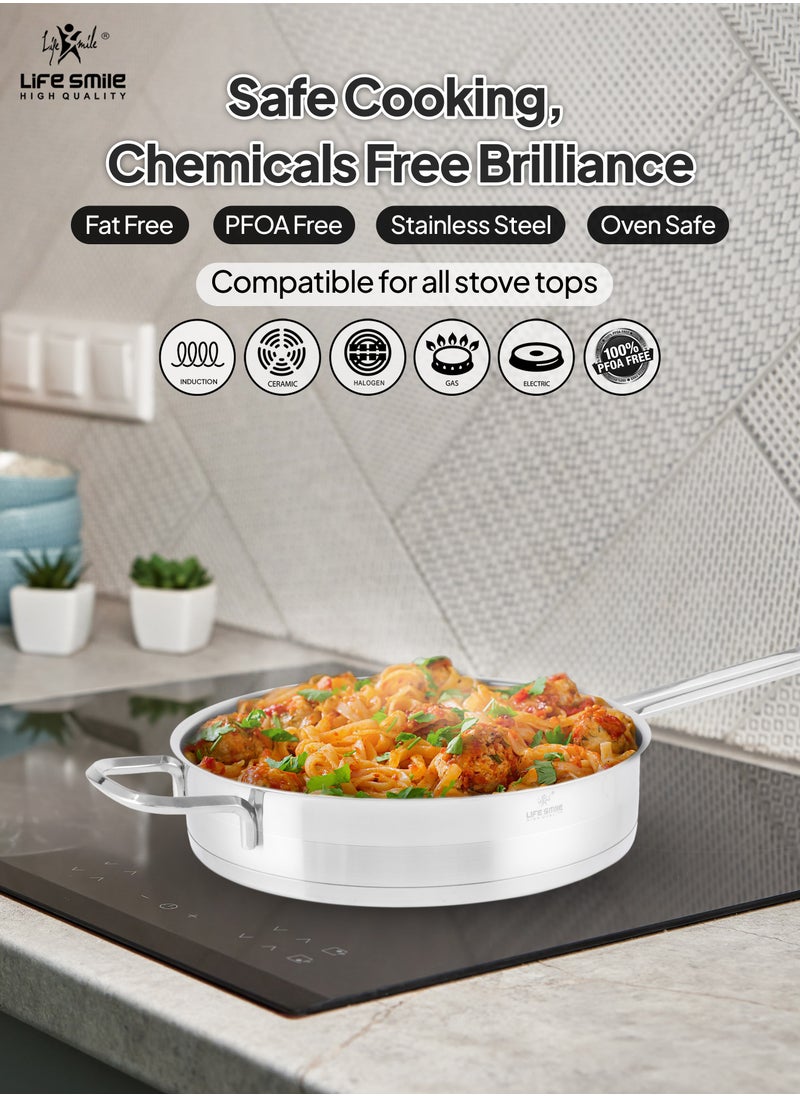 Life Smile - 20/24/28/32cm Sizes Premium 18/10 Heavy-gauge Stainless Steel Frying Pan - Induction Tri-Ply Thick Base Fry Pan with Glass Lid for Even Heating Oven Safe Silver - Image 1