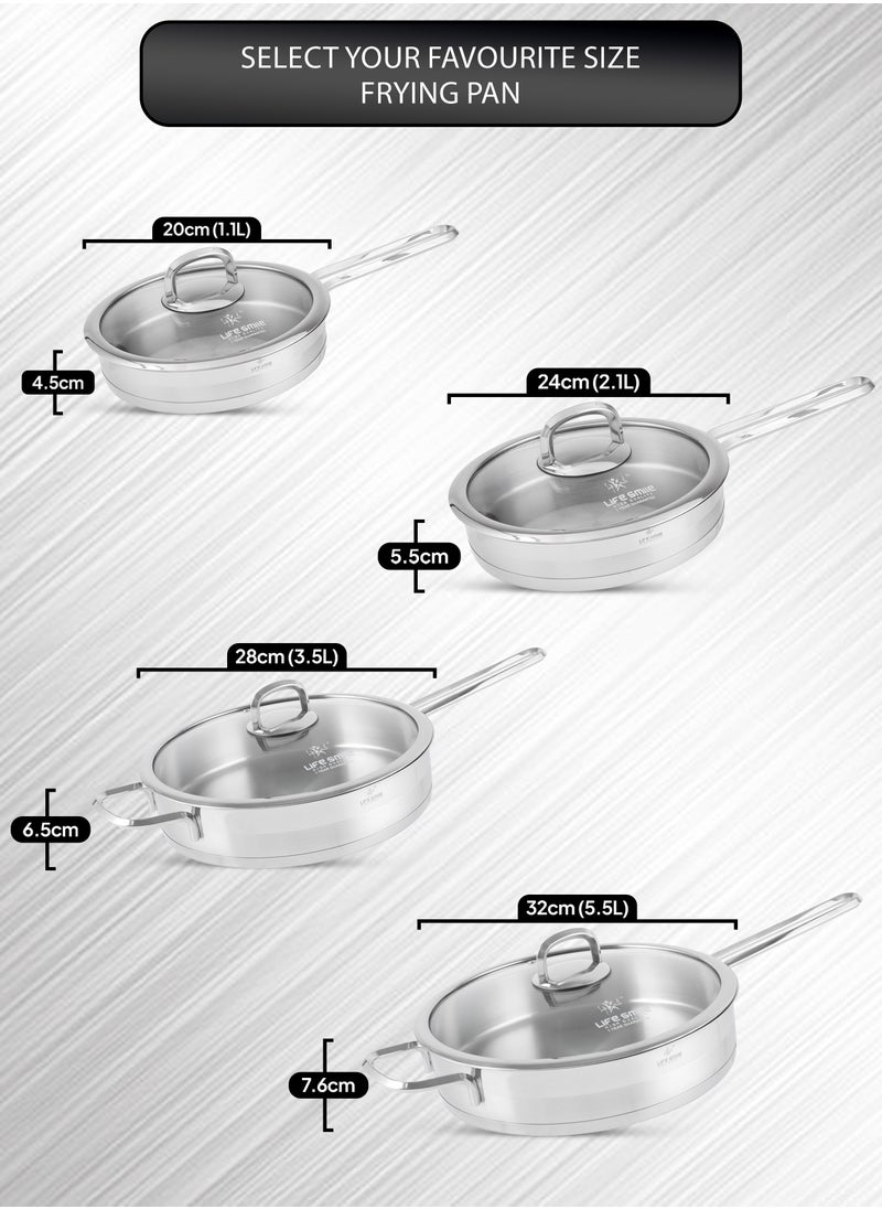 Life Smile - 20/24/28/32cm Sizes Premium 18/10 Heavy-gauge Stainless Steel Frying Pan - Induction Tri-Ply Thick Base Fry Pan with Glass Lid for Even Heating Oven Safe Silver - Image 1