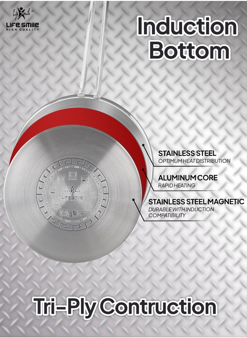 Life Smile - 20/24/28/32cm Sizes Premium 18/10 Heavy-gauge Stainless Steel Frying Pan - Induction Tri-Ply Thick Base Fry Pan with Glass Lid for Even Heating Oven Safe Silver - Image 1