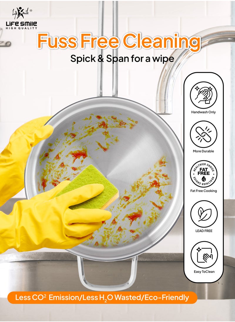 Life Smile - 20/24/28/32cm Sizes Premium 18/10 Heavy-gauge Stainless Steel Frying Pan - Induction Tri-Ply Thick Base Fry Pan with Glass Lid for Even Heating Oven Safe Silver - Image 1