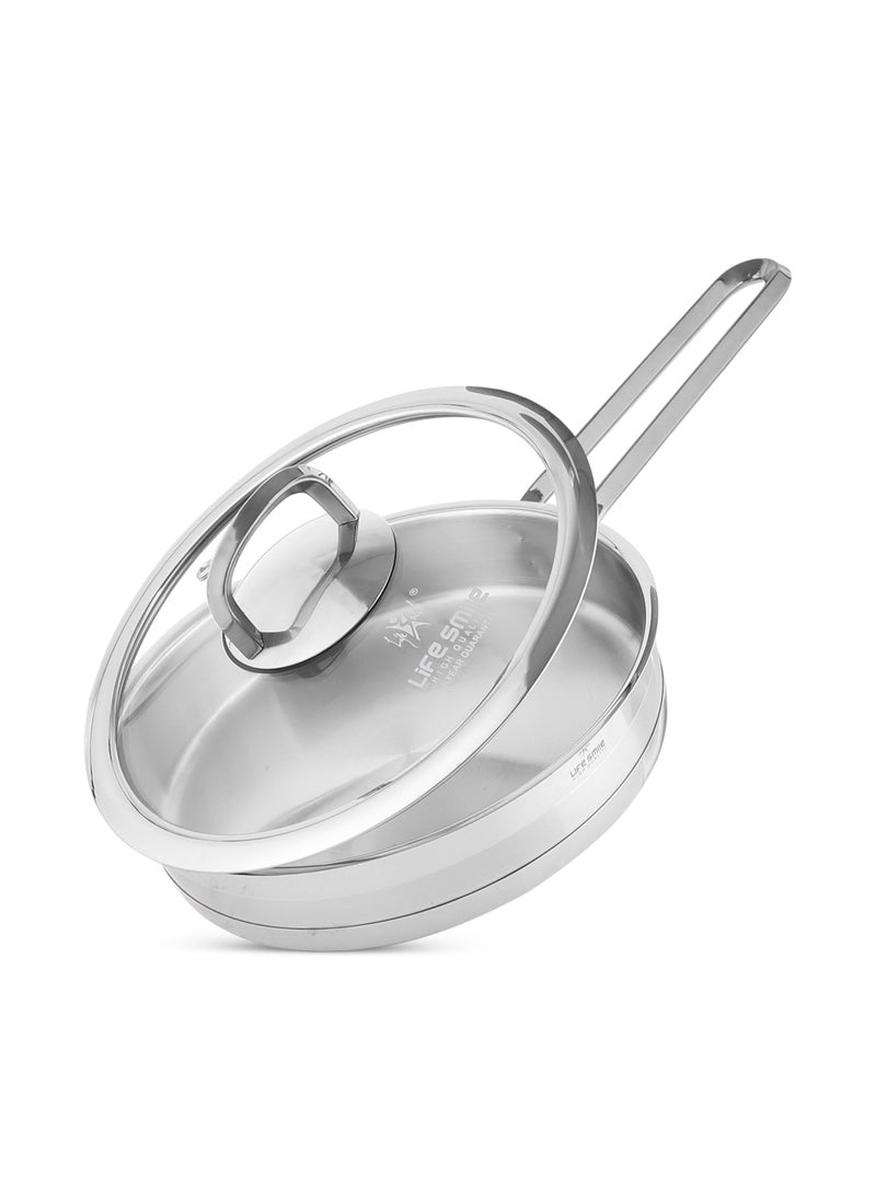 Life Smile - 20/24/28/32cm Sizes Premium 18/10 Heavy-gauge Stainless Steel Frying Pan - Induction Tri-Ply Thick Base Fry Pan with Glass Lid for Even Heating Oven Safe Silver - Image 1