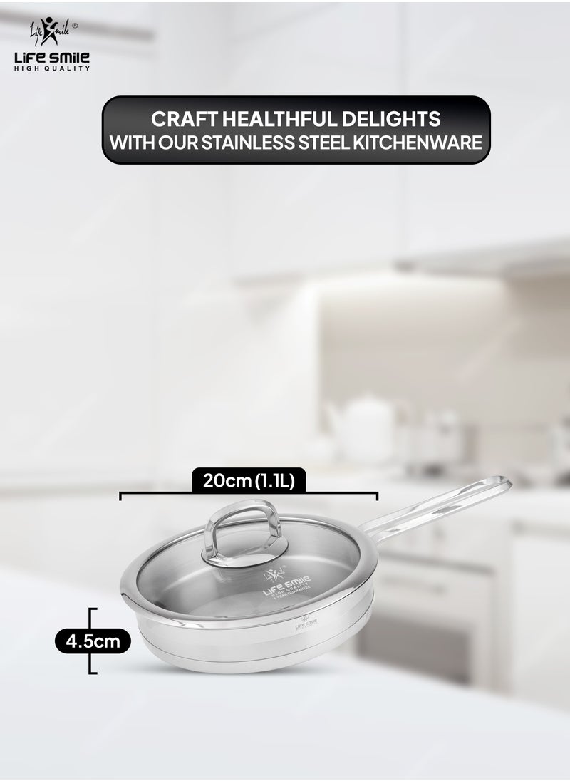 Life Smile - 20/24/28/32cm Sizes Premium 18/10 Heavy-gauge Stainless Steel Frying Pan - Induction Tri-Ply Thick Base Fry Pan with Glass Lid for Even Heating Oven Safe Silver - Image 1