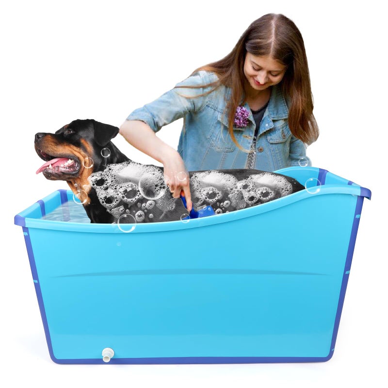 YUEPET Extra Large Foldable Dog Bath Tub for Large Dogs, 49 Gal Portable Dog Bathtub Lightweight Hightened Pet Wash Station with Drain Plug for Big Dogs Indoor/Outdoor Bathing, Camping (Blue) - Image 1