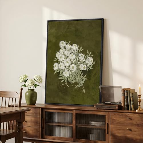 Cuspin Large Framed Vintage Green Floral Wall Art Vertical Modern Farmhouse Nature Olive Green Flower Canvas Painting Prints Artwork for Works Retro Botanical for Living Room Bedroom Wall Decor 24x36 In - Image 3