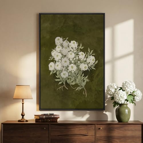 Cuspin Large Framed Vintage Green Floral Wall Art Vertical Modern Farmhouse Nature Olive Green Flower Canvas Painting Prints Artwork for Works Retro Botanical for Living Room Bedroom Wall Decor 24x36 In - Image 1