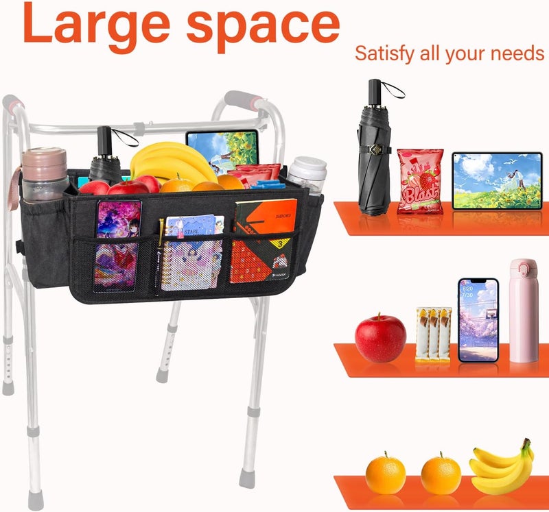 TONINT Large Walker Tote Bag with 2 Cup Holder,Walker Basket,Walking Frame Bag,Folding Walker Attachment Hands-Free Storage Basket Mobility Aid Accessory Pouch for Elderly (Black) - Image 2
