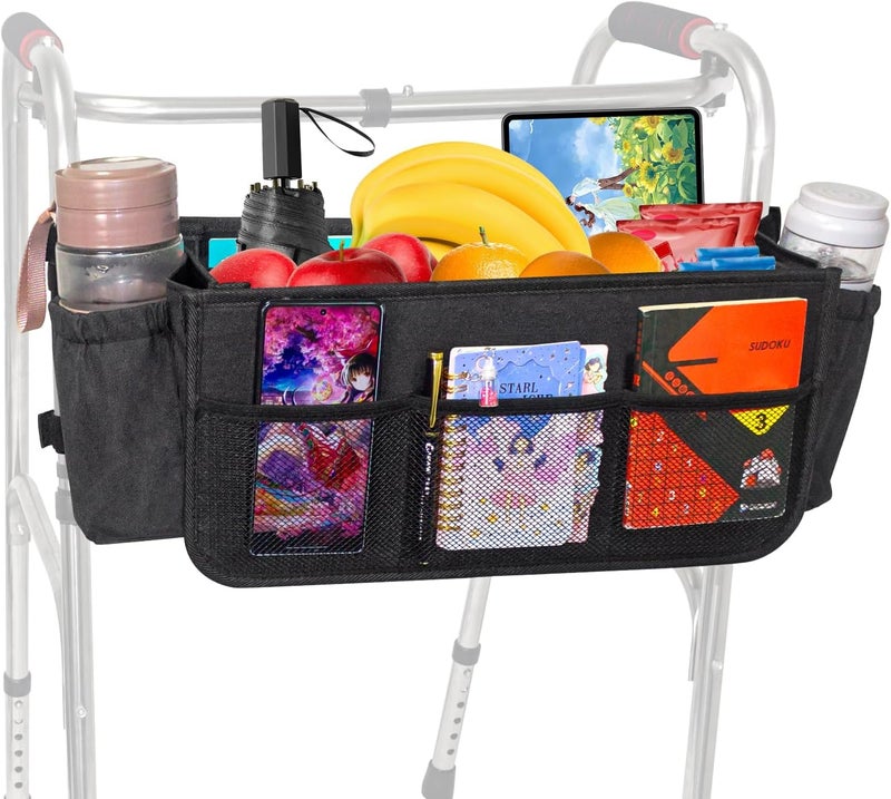 TONINT Large Walker Tote Bag with 2 Cup Holder,Walker Basket,Walking Frame Bag,Folding Walker Attachment Hands-Free Storage Basket Mobility Aid Accessory Pouch for Elderly (Black) - Image 1