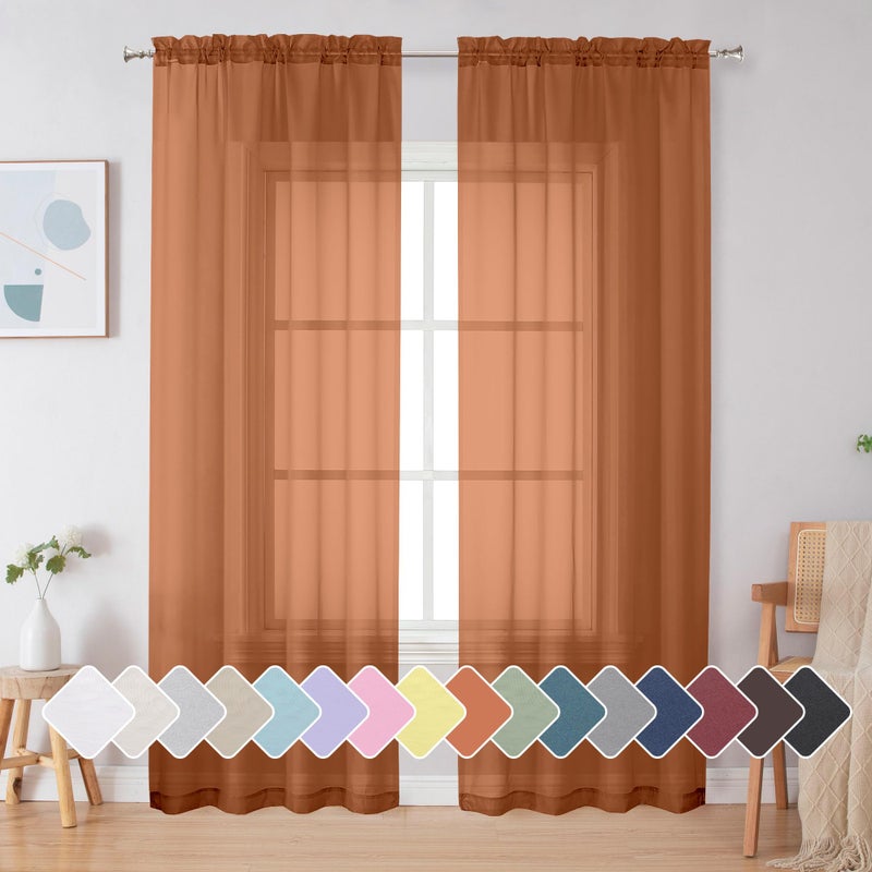 Simplebrand Orange Sheer Curtains 84 Inches Long, Light Filtering Rod Pocket Solid Color Window Sheer Curtain Panels, Elegant Curtains & Drapes for Living Room, Bedroom 2 Panels (42" W x 84" L) - Image 1