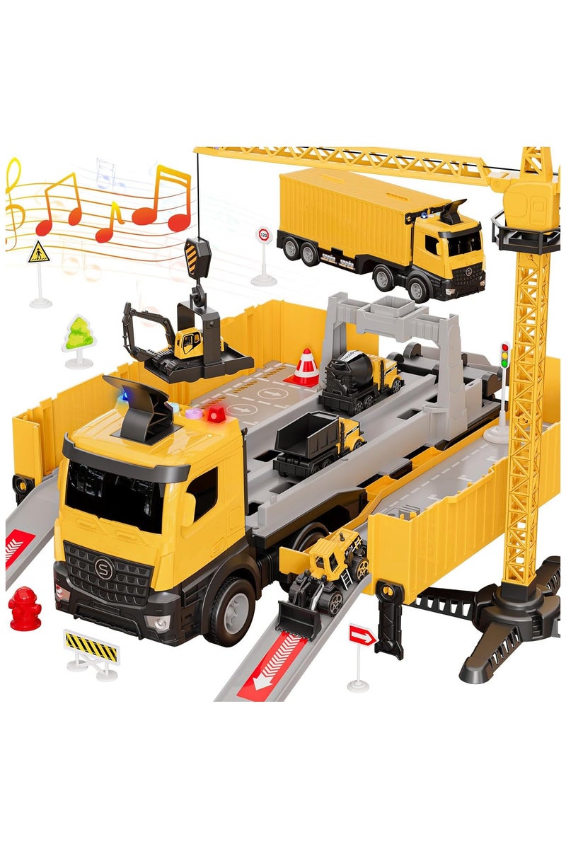 FLYHSO Construction Toys Truck Crane for Kids Truck Race Track Kids Toy Eject Car Set Excavator Bulldozer Dump Trucks Cement Truck Vehicle Birthday 2+ 3 4 5 6 7 8 Years Old Boy Girl Gift - Image 1