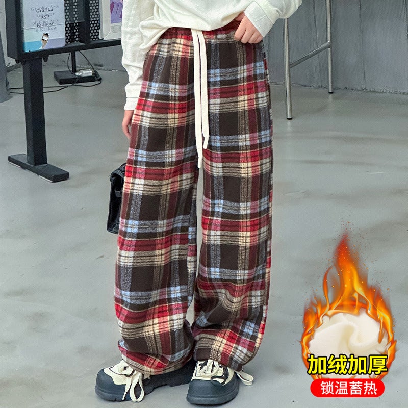 2023 Winter Girls' New Plaid Fleece-Lined Medium And Large Children'S Trousers Children'S Casual Warm Girls' Children'S Pants Fashion - Image 3