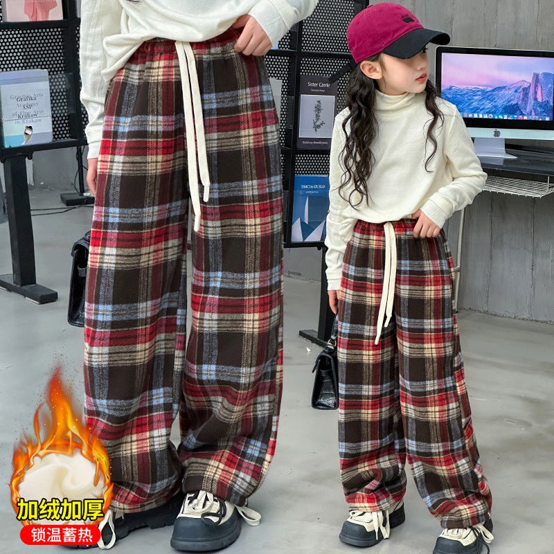 2023 Winter Girls' New Plaid Fleece-Lined Medium And Large Children'S Trousers Children'S Casual Warm Girls' Children'S Pants Fashion - Image 2
