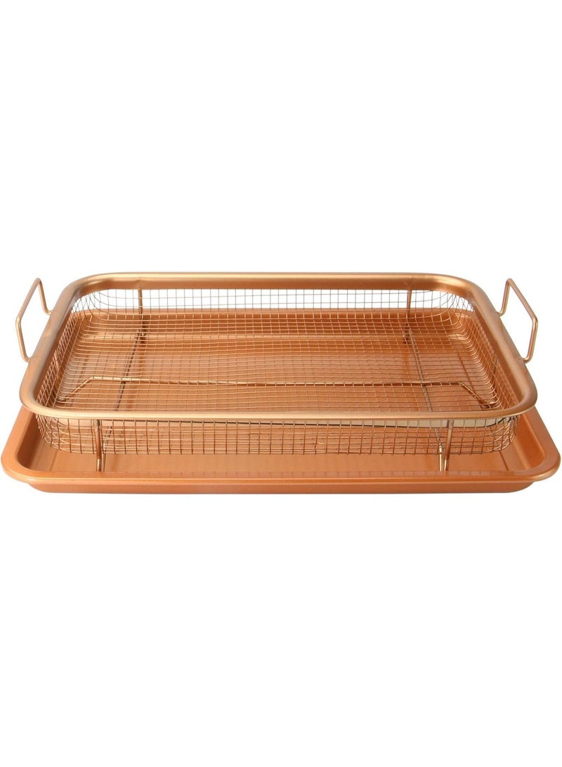 Copper Crisper Tray Non Stick Oven Baking Tray With Elevated Mesh Crisping Grill Basket 2 Piece Set Gold - Image 1