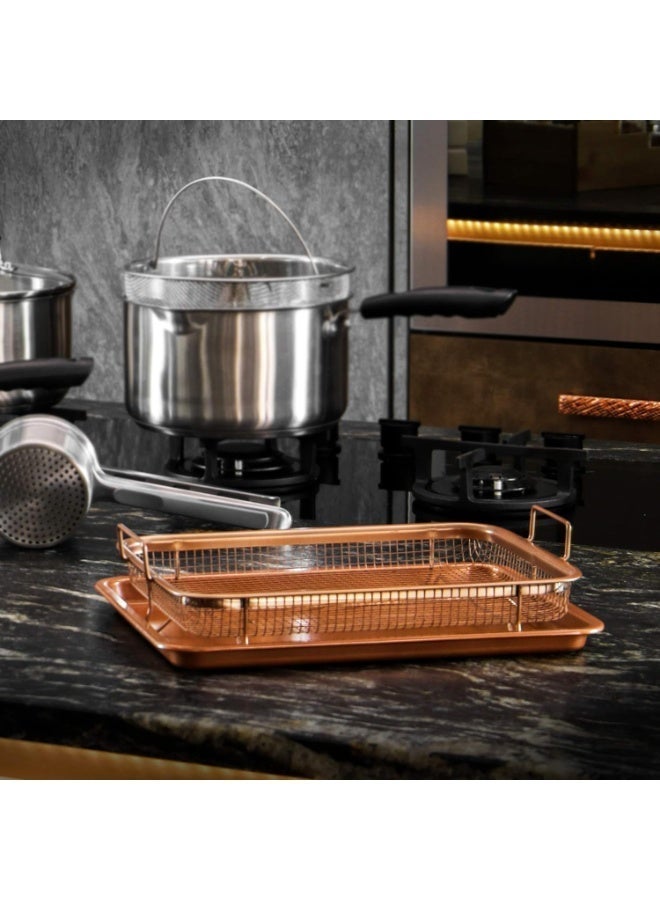 Copper Crisper Tray Non Stick Oven Baking Tray With Elevated Mesh Crisping Grill Basket 2 Piece Set Gold - Image 3