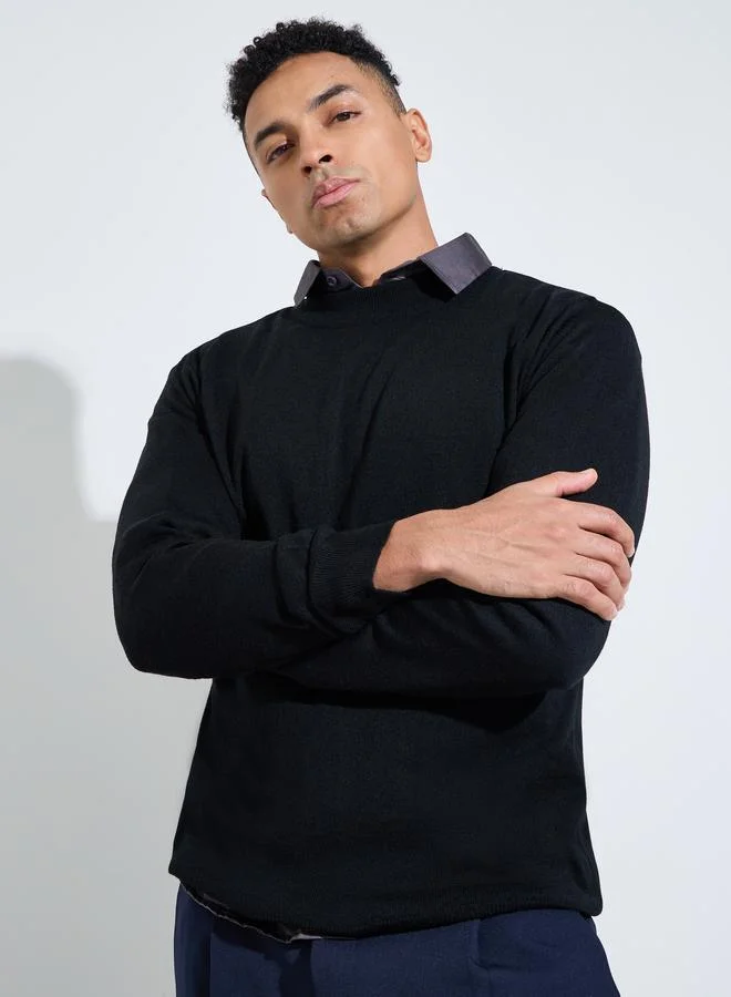 Styli Black Solid High Neck Regular Fit Knit Sweater