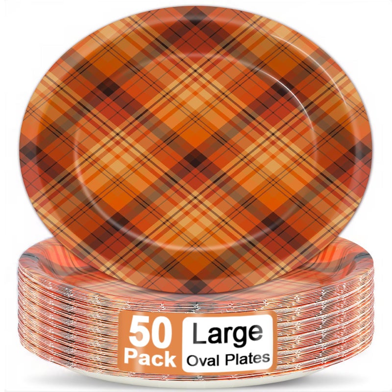 Lonfliness 50Pcs Fall Plaid Plates Disposable Paper Orange Plaid Thanksgiving Party Decorations Supplies 11 Inch Autumn Party Oval Plate Platter Dish Tray Orange Checked Tableware Dinnerware - Image 2