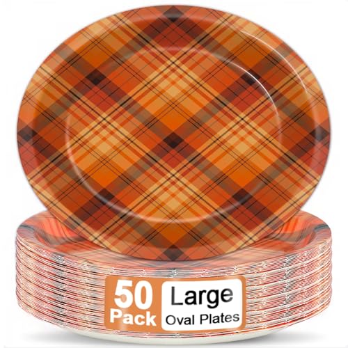 Lonfliness 50Pcs Fall Plaid Plates Disposable Paper Orange Plaid Thanksgiving Party Decorations Supplies 11 Inch Autumn Party Oval Plate Platter Dish Tray Orange Checked Tableware Dinnerware - Image 1