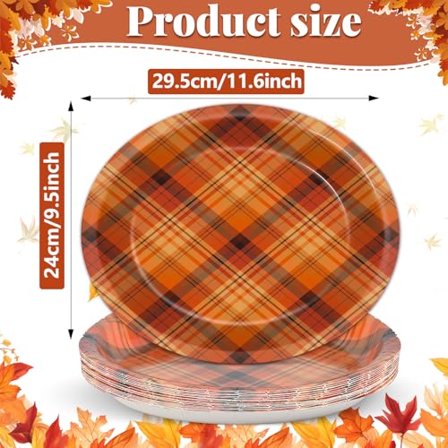 Lonfliness 50Pcs Fall Plaid Plates Disposable Paper Orange Plaid Thanksgiving Party Decorations Supplies 11 Inch Autumn Party Oval Plate Platter Dish Tray Orange Checked Tableware Dinnerware - Image 3