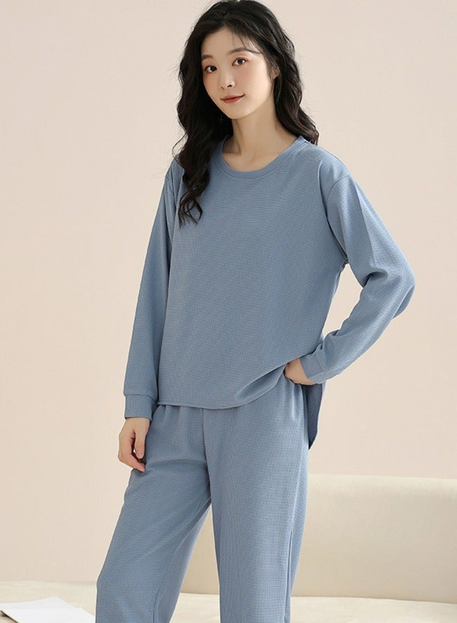 Loquat Women's Solid Color 2-Piece Set  Leisure Nightgown Sleepwear Round Neck Long Sleeve Top And Pants Soft Loungewear Pajamas Suit Blue 