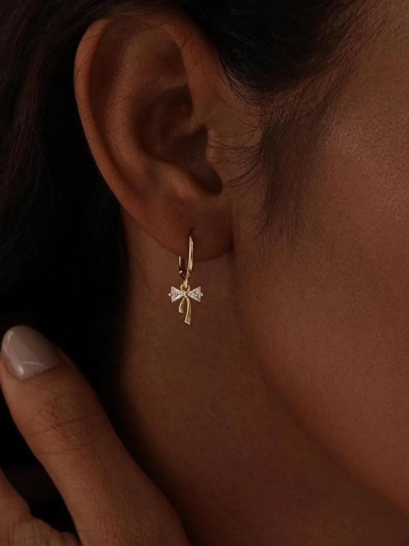 AYWFCBF Dangle Earrings for Women 14K Gold Plated Cubic Zirconia Hoop Earrings Dainty Bow Diamond Drop Earring Wedding Jewelry for Brides - Image 3