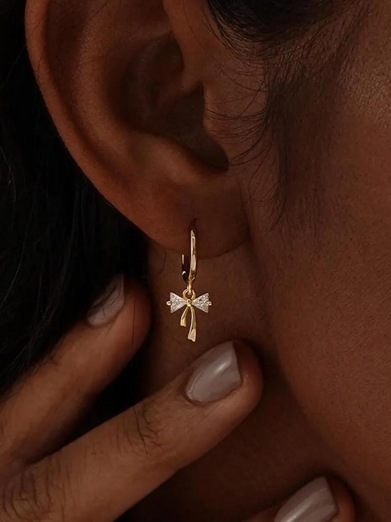 AYWFCBF Dangle Earrings for Women 14K Gold Plated Cubic Zirconia Hoop Earrings Dainty Bow Diamond Drop Earring Wedding Jewelry for Brides - Image 2