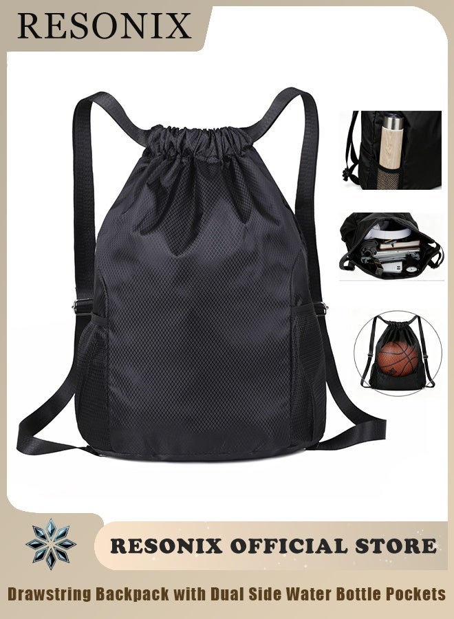RESONIX Waterproof Drawstring Backpack with Dual Side Water Bottle Pockets  37x49cm, Gym Swim Bag with Hidden Interior Pocket, Large Capacity Sports Sack for Men & Women (BLACK) - Image 1