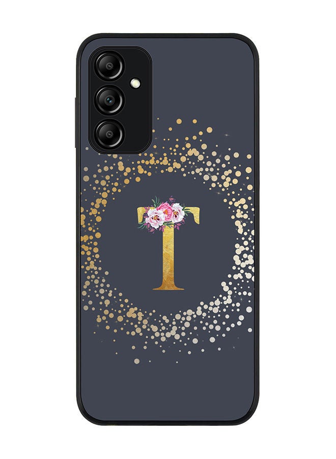 Stylizedd Rugged Black edge case for Samsung Galaxy A14 4G/5G Slim fit Soft Case Flexible Rubber Edges Anti Drop TPU Gel Thin Cover - Custom Monogram Initial Letter Floral Pattern Alphabet - T (Grey) - Image 1