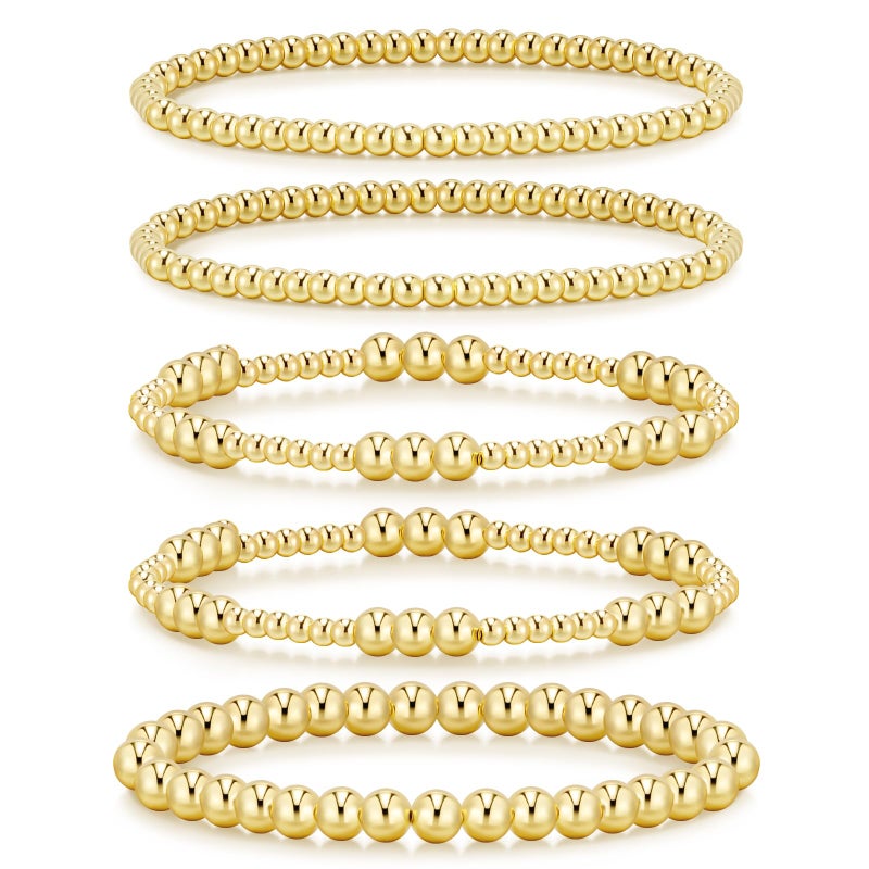 adoyi Gold Bracelets for Women 14K Gold Plated Stackable Beaded Strand Ball Bracelet stack Set Adjustable Non Tarnish Jewelry Sets for Womens Gifts - Image 1