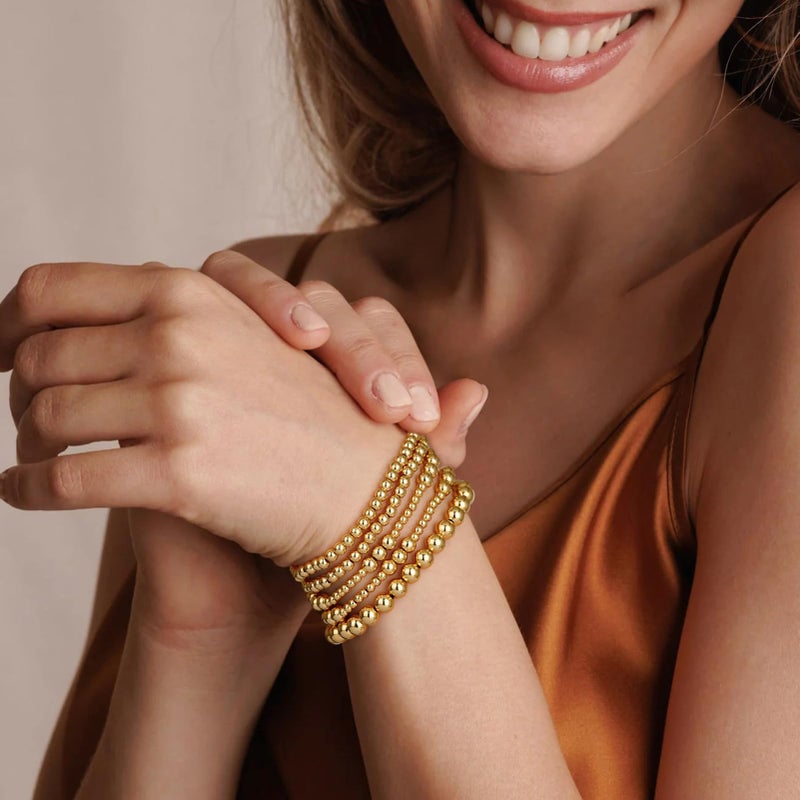 adoyi Gold Bracelets for Women 14K Gold Plated Stackable Beaded Strand Ball Bracelet stack Set Adjustable Non Tarnish Jewelry Sets for Womens Gifts - Image 2