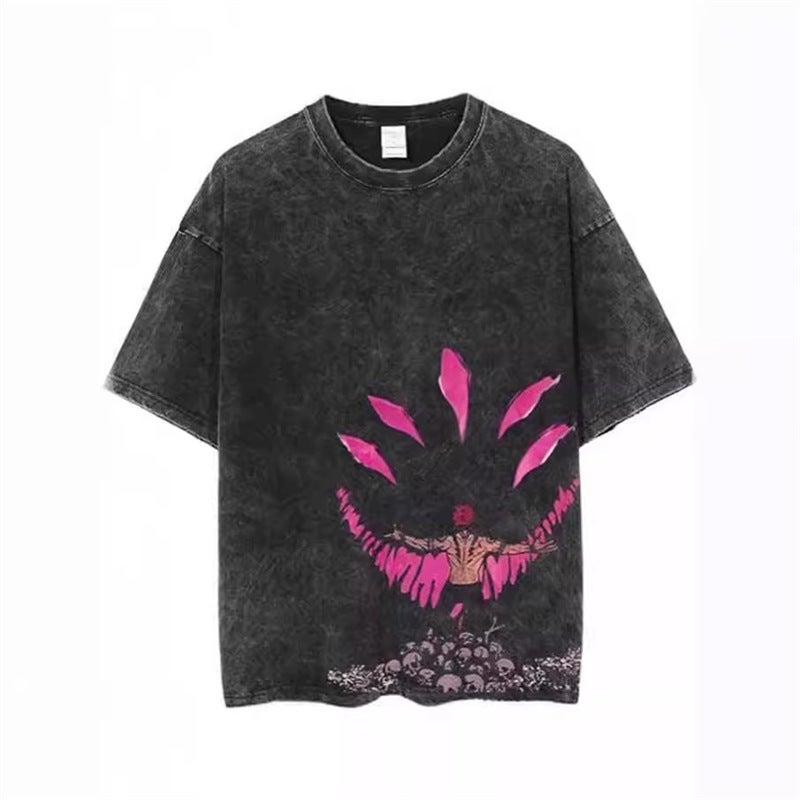Washed Animation Summer War Five T-Shirt Cotton Retro T Spell Street Hip Hop Enlightenment Leisure - Image 3