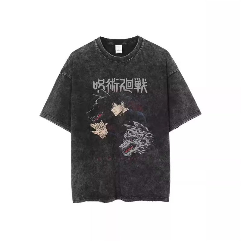 Washed Animation Summer War Five T-Shirt Cotton Retro T Spell Street Hip Hop Enlightenment Leisure - Image 4
