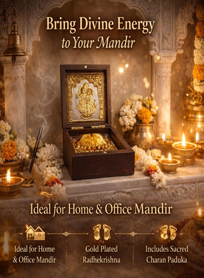 DK trades® Gold Plated Radhekrishna Photo for Pooja Box - Premium Pocket Temple with Charan Paduka| Unique Home, Office Gift - Image 2