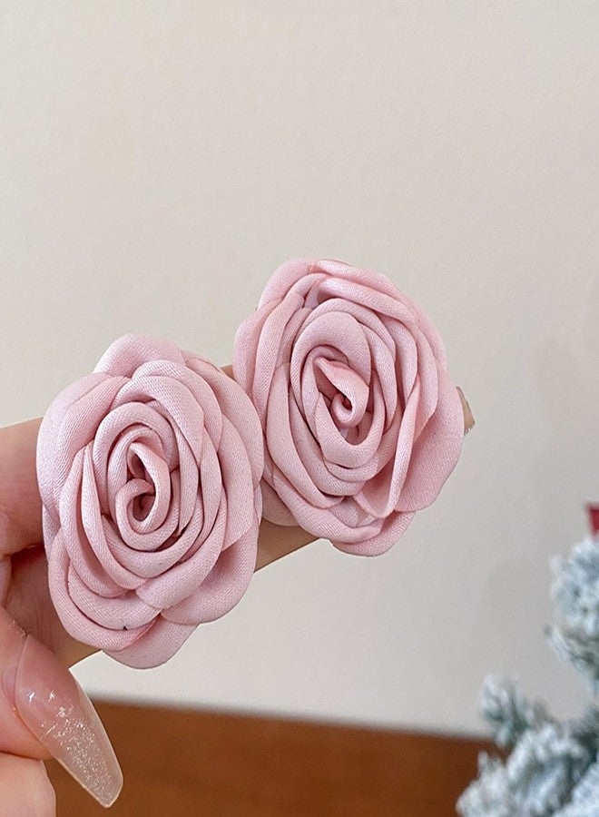 Rannyrena Vintage Satin Flower Earrings Handmade Elegant Floral Stud Earrings Boho Rose Prom Party Wedding Bridal Ear Accessories for Women (Pink) - Image 4