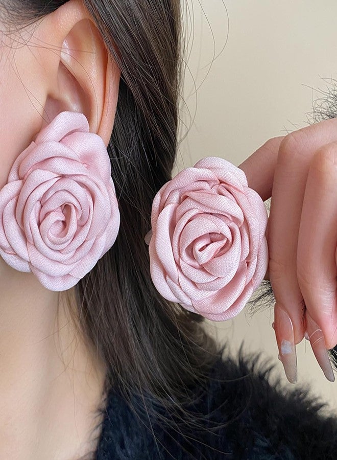 Rannyrena Vintage Satin Flower Earrings Handmade Elegant Floral Stud Earrings Boho Rose Prom Party Wedding Bridal Ear Accessories for Women (Pink) - Image 3