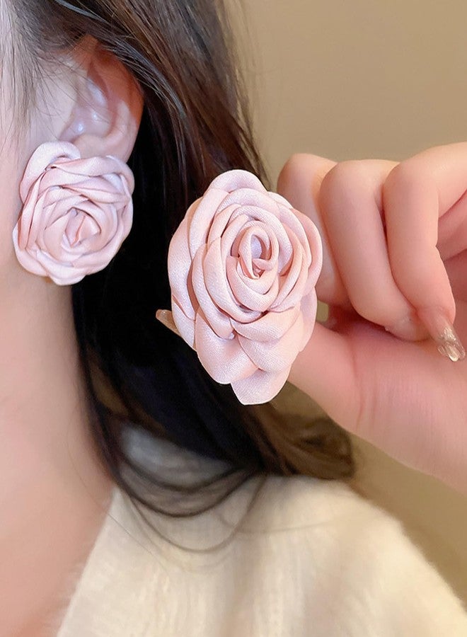 Rannyrena Vintage Satin Flower Earrings Handmade Elegant Floral Stud Earrings Boho Rose Prom Party Wedding Bridal Ear Accessories for Women (Pink) - Image 2
