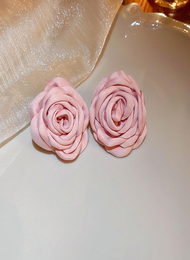 Rannyrena Vintage Satin Flower Earrings Handmade Elegant Floral Stud Earrings Boho Rose Prom Party Wedding Bridal Ear Accessories for Women (Pink) - Image 5