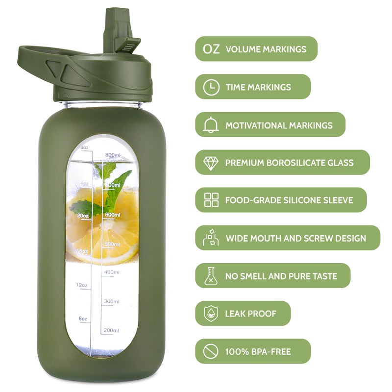 CIVAGO Half Gallon Glass Water Bottle with Straw and Insulated Bottle Holder Sling, 64 oz Motivational Water jug with Time Marker and Silicone Sleeve, Water Flask with 2 Lids, Black - Image 4