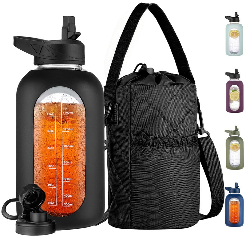 CIVAGO Half Gallon Glass Water Bottle with Straw and Insulated Bottle Holder Sling, 64 oz Motivational Water jug with Time Marker and Silicone Sleeve, Water Flask with 2 Lids, Black - Image 1