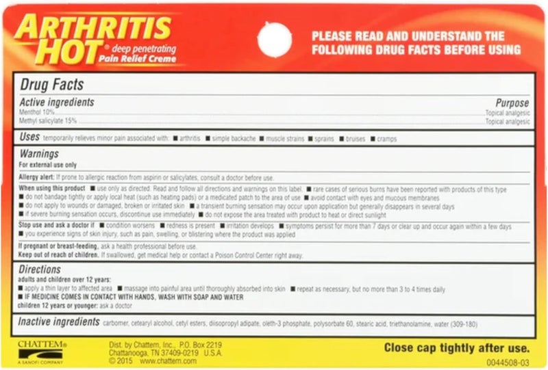 CHATTEM Arthritis Hot Pain Relief Creme 3 oz (Pack of 2) - Image 3