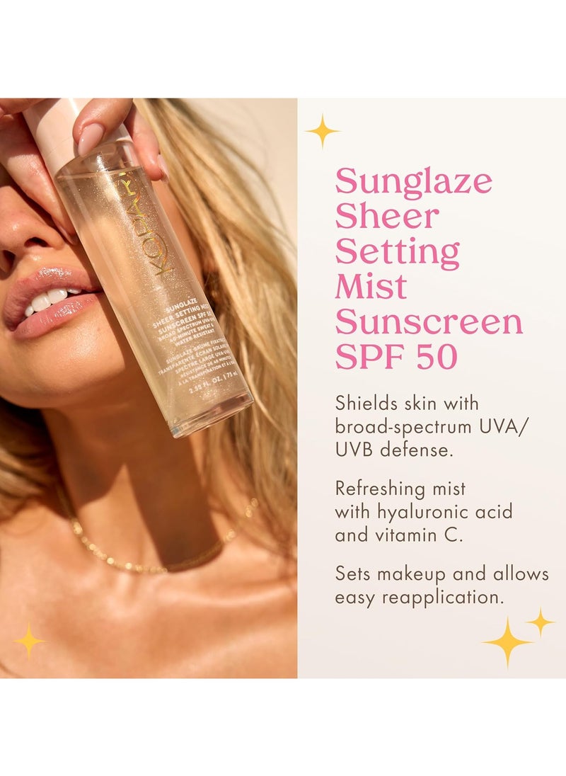 كوپاري Sunglaze Sheer Setting Mist Sunscreen SPF 50, بدون وزن, تجفيف سريع, رذاذ إعداد فائق الدقة, مصنوع من حمض الهيالورونيك, مجموعات المكياج للمرطبة, النهاية ديوي, 2.53 أوقية فلورية  - Image 3
