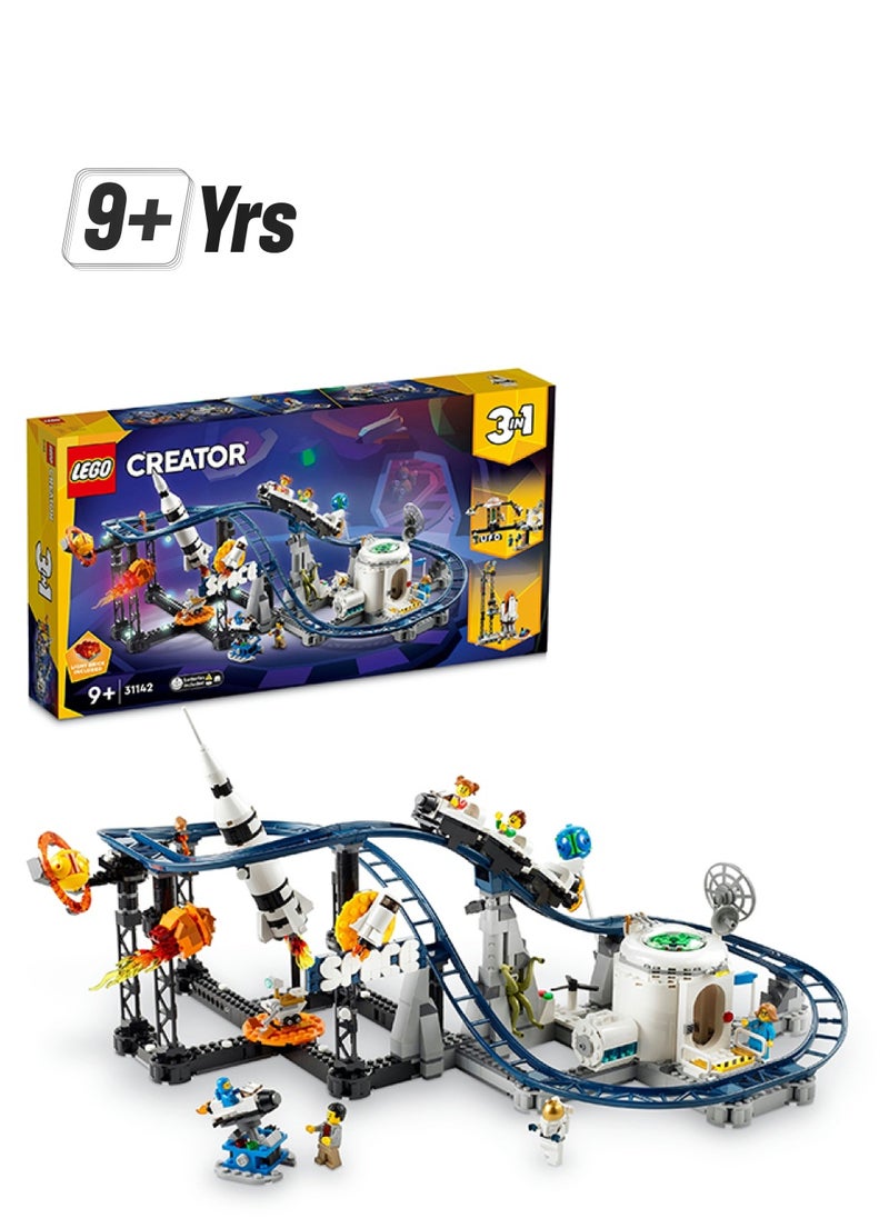 LEGO 31142 Creator 3In1 Space Roller Coaster To Drop Tower Or Merry-Go-Round Set, Fairgound Ride Models, Building Toy With Space Rocket, Planets And Light Up Bricks (874 Pieces)  - Image 1