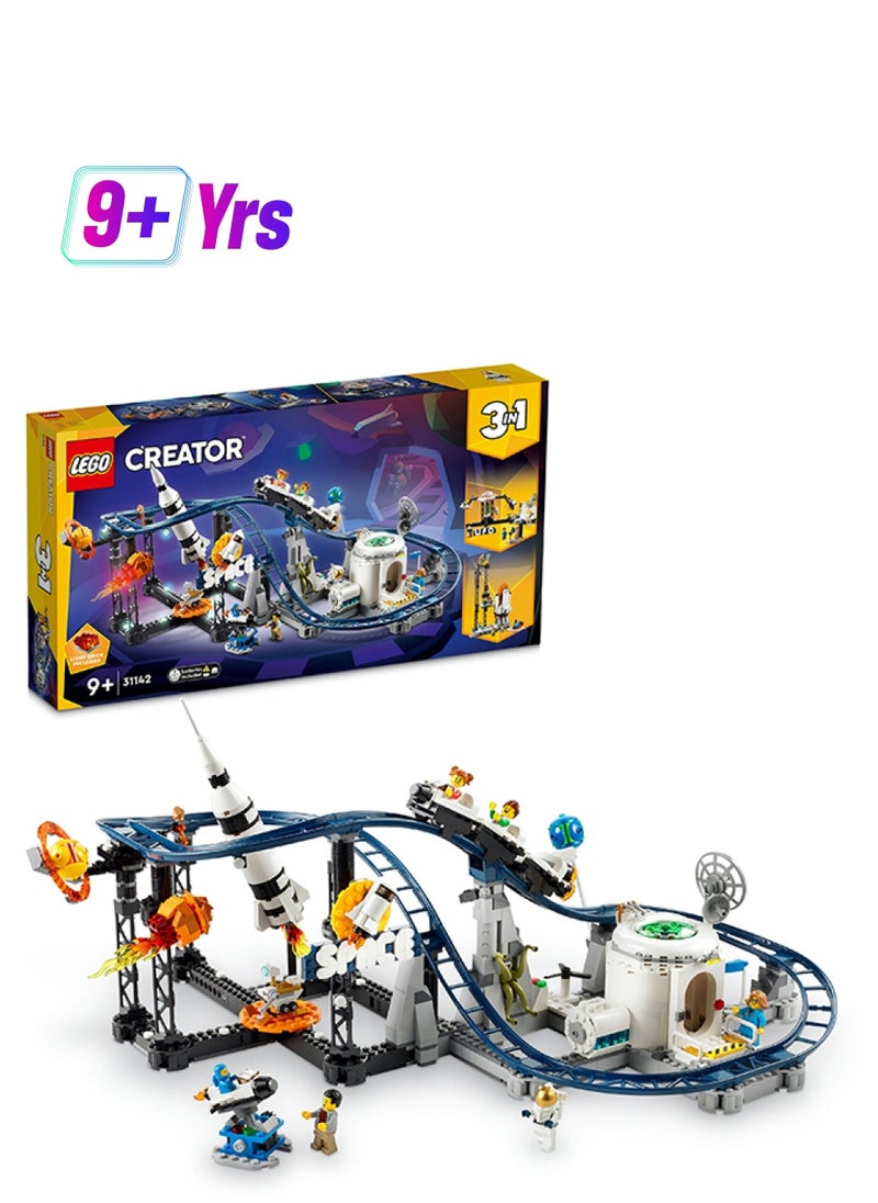 LEGO 31142 Creator 3In1 Space Roller Coaster To Drop Tower Or Merry-Go-Round Set, Fairgound Ride Models, Building Toy With Space Rocket, Planets And Light Up Bricks (874 Pieces)  - Image 1
