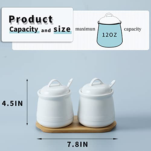 HAOTOP Ceramic Sugar Bowl 2 Pack, PorcelainJar with Tray, Spoon and Lid for Sugar, Pepper, Coffee, Spice, Salt, 12 Ounces (White) - Image 3