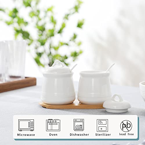 HAOTOP Ceramic Sugar Bowl 2 Pack, PorcelainJar with Tray, Spoon and Lid for Sugar, Pepper, Coffee, Spice, Salt, 12 Ounces (White) - Image 2