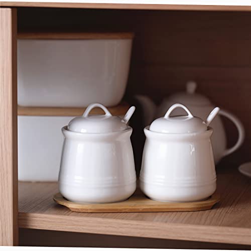 HAOTOP Ceramic Sugar Bowl 2 Pack, PorcelainJar with Tray, Spoon and Lid for Sugar, Pepper, Coffee, Spice, Salt, 12 Ounces (White) - Image 4