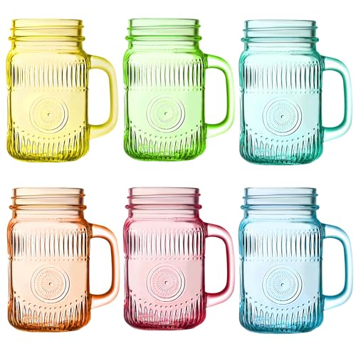 Amzcku Vintage Colored Drinking Glass Mason Jar 16 OZ with Comfortable Handle for Party Beverages 6 pcs