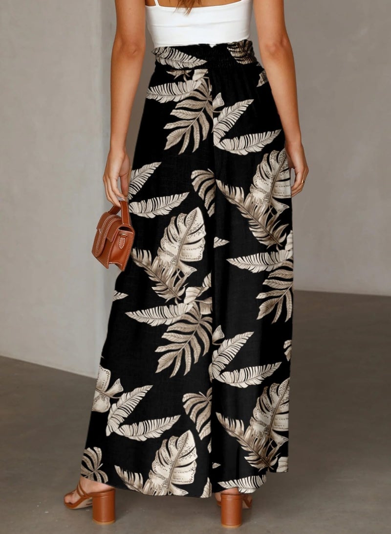 Dokotoo Stylish Wide Leg Pants for Women Ladies Fall Fashion Loose Casual High Drawstring Waist Leaf Print Palazzo Pants Jogging Jogger with Side Pockets Black S - Image 3