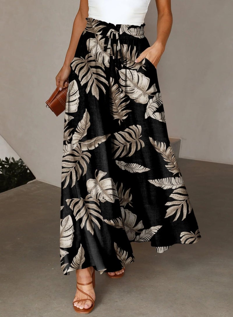 Dokotoo Stylish Wide Leg Pants for Women Ladies Fall Fashion Loose Casual High Drawstring Waist Leaf Print Palazzo Pants Jogging Jogger with Side Pockets Black S - Image 2