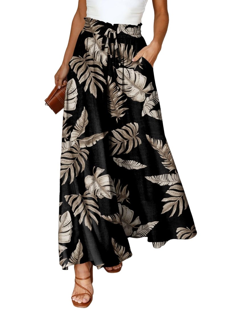 Dokotoo Stylish Wide Leg Pants for Women Ladies Fall Fashion Loose Casual High Drawstring Waist Leaf Print Palazzo Pants Jogging Jogger with Side Pockets Black S - Image 1