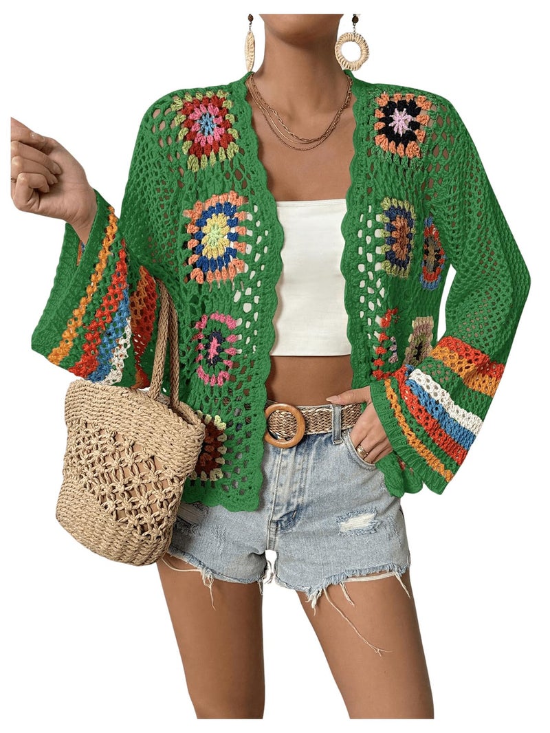 SHENHE Women's Floral Crochet Cardigan Hollow Out Open Front Long Sleeve Cardigan Sweater Green M - Image 1